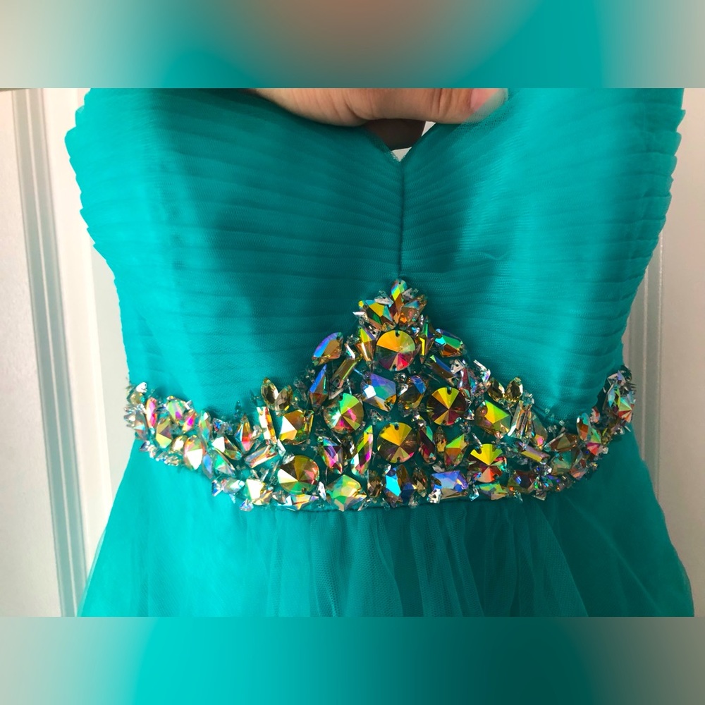 Cecily Brown aquamarine/teal prom dress.